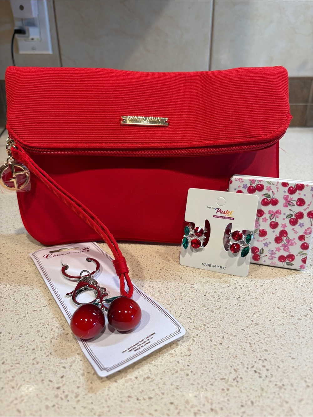 Giorgio Armani Red Wristlet/Clutch Cosmetic Bag 4 Piece Bundle All New!